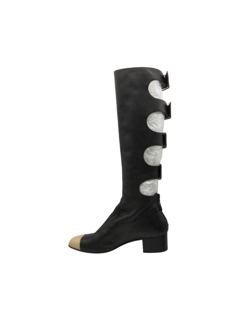 Chanel Long Boots Back Belt Bicolor Cap Toe Knee High Shoes Black